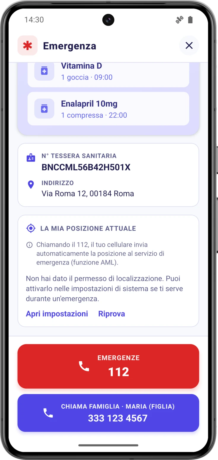La scheda quando il permesso è negato, con «Apri impostazioni» e «Riprova»