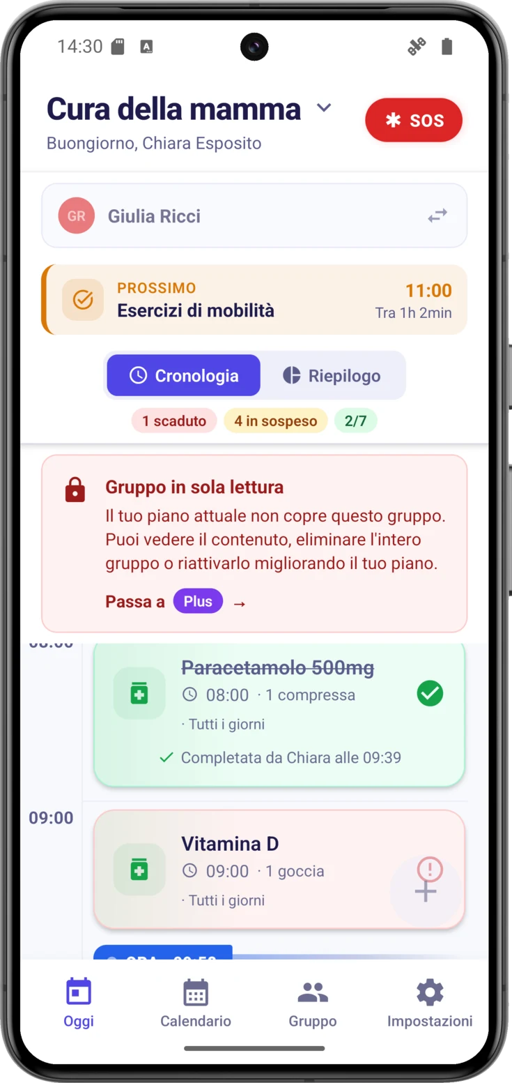 Banner rosso «Gruppo in sola lettura» nella schermata Oggi