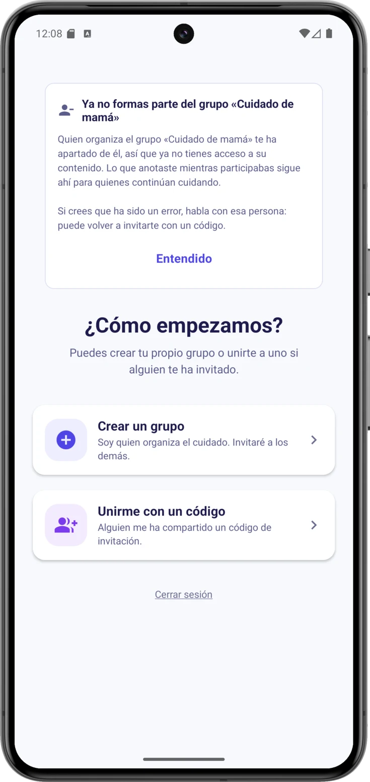«¿Cómo empezamos?» con la tarjeta de aviso encima y «Cerrar sesión» al pie