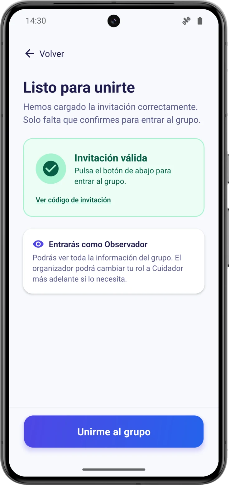 Pantalla «Listo para unirte» con la tarjeta verde de invitación válida