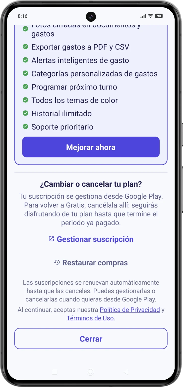 El final de la pantalla, con «Gestionar suscripción», «Restaurar compras» y el aviso de renovación