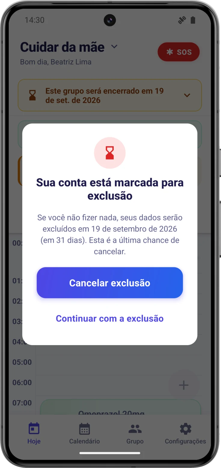 Janela «Sua conta está marcada para exclusão», com a data e os dois botões