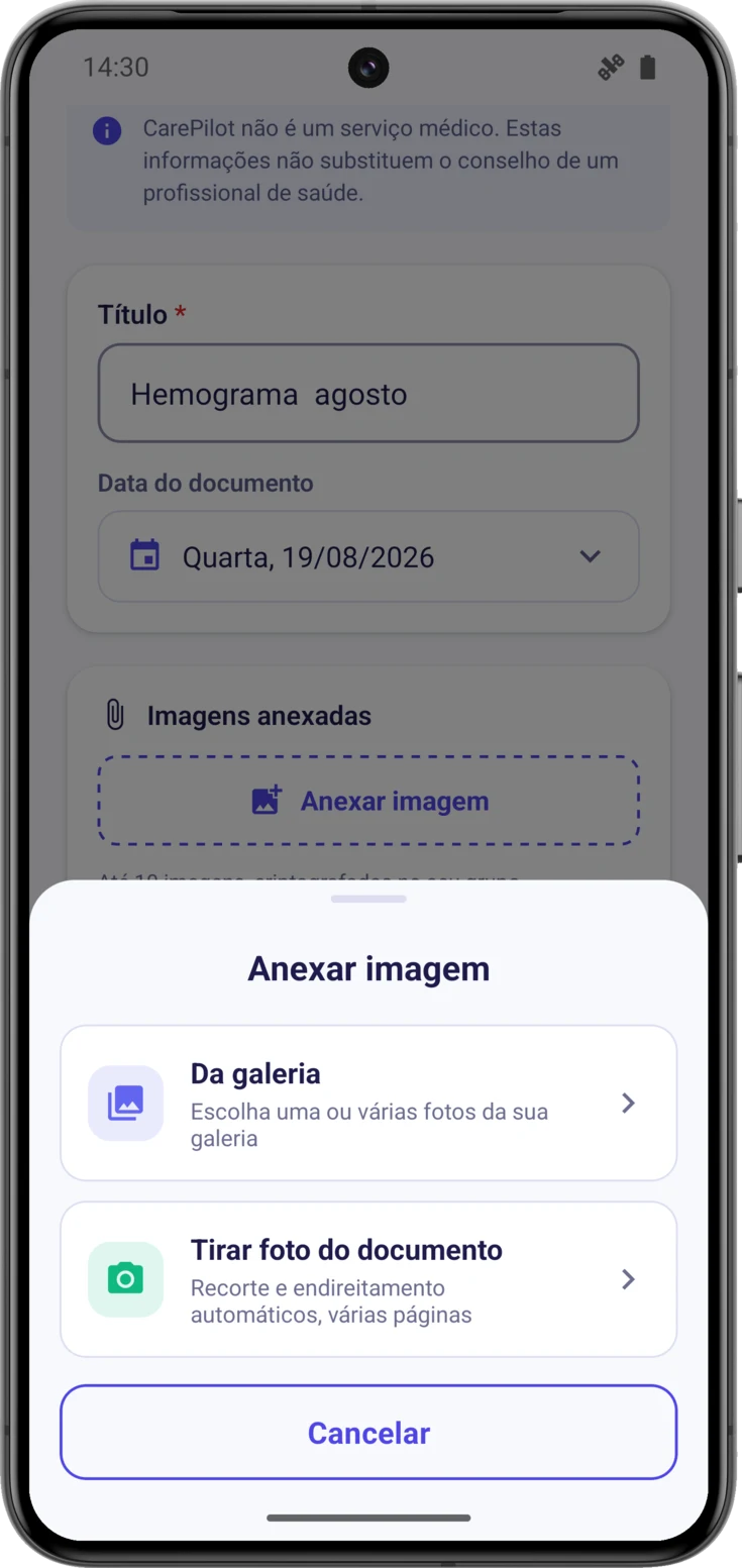 A folha «Anexar imagem», com as duas formas de fazer isso