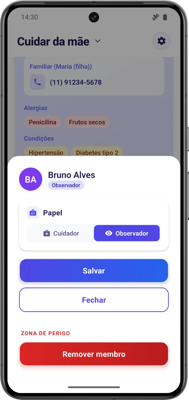 Editor de permissões com Observador selecionado, sem chaves embaixo