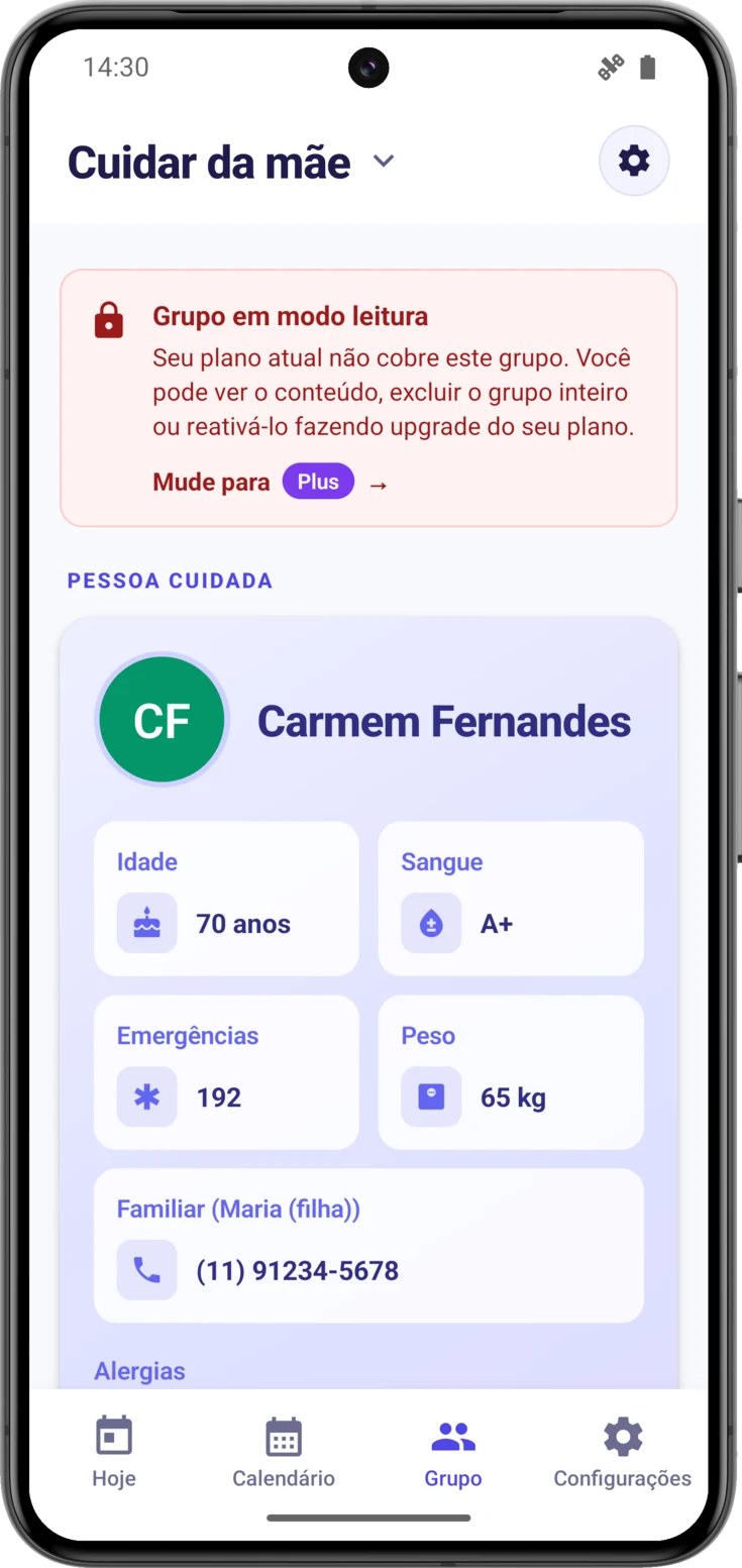Faixa vermelha «Grupo em modo leitura» encabeçando a tela Grupo