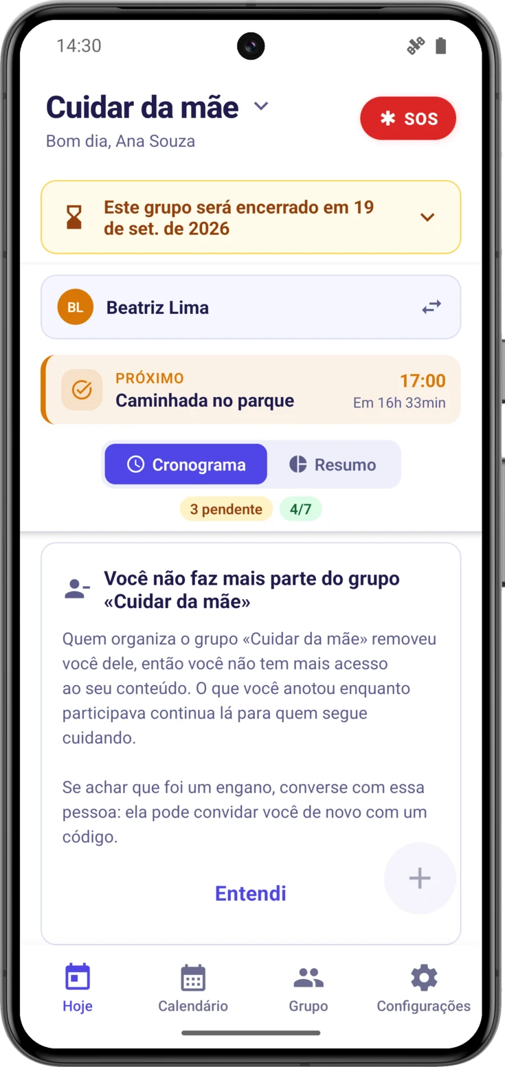 Cartão «Você não faz mais parte do grupo…», sobre o cronograma e com o botão Entendi