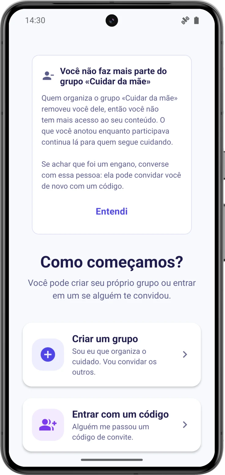 «Como começamos?» com o cartão de aviso em cima e «Sair» no pé