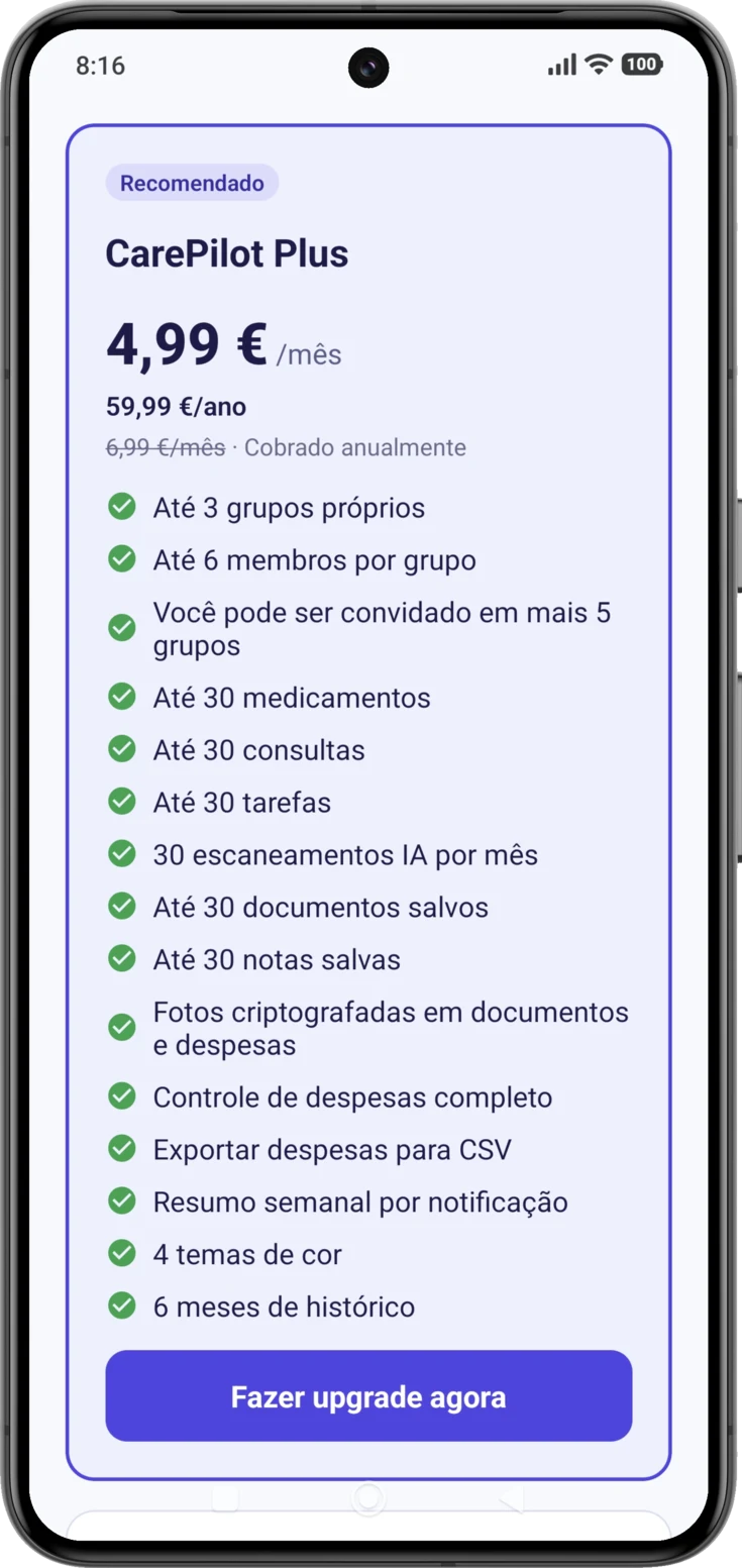 O cartão do Plus inteiro, com a etiqueta «Recomendado» e o botão «Fazer upgrade agora»