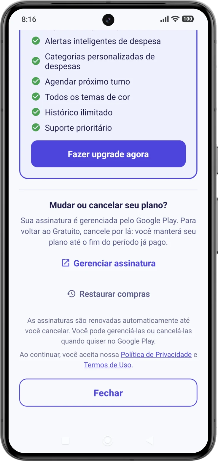 O fim da tela, com «Gerenciar assinatura», «Restaurar compras» e o aviso de renovação