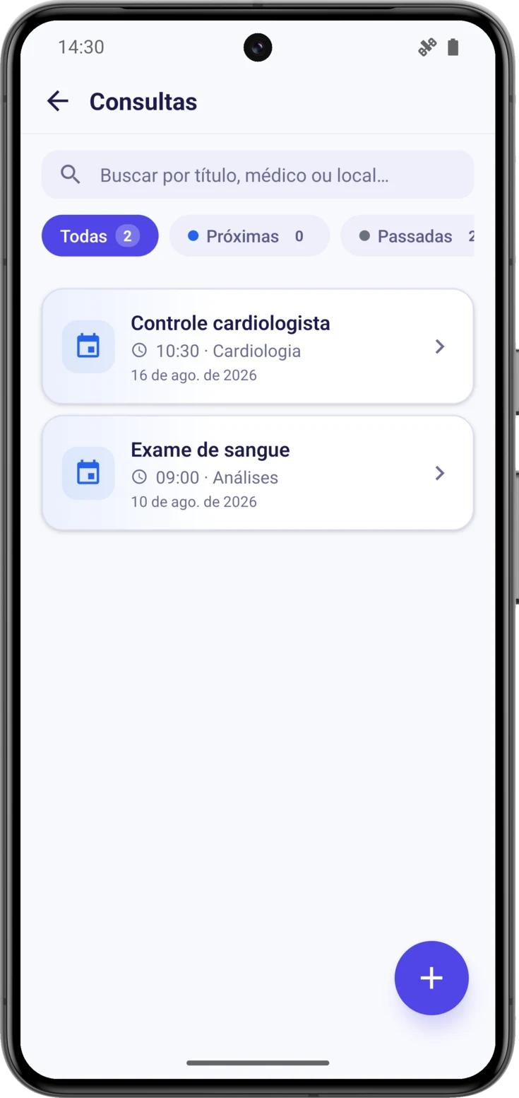 Lista de Consultas, com «Próximas» no segundo filtro