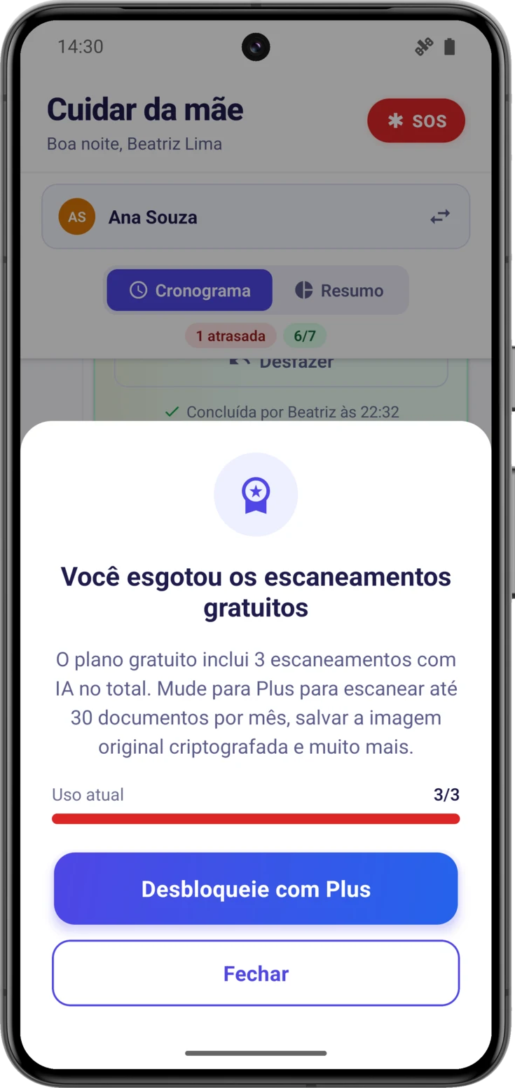 Aviso de escaneamentos esgotados, com o uso atual e o botão de fazer upgrade