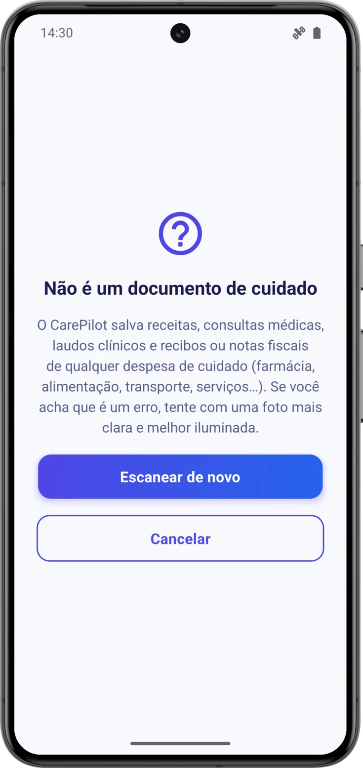 Aviso de quando a IA não reconhece o papel, com «Escanear de novo» e «Cancelar»