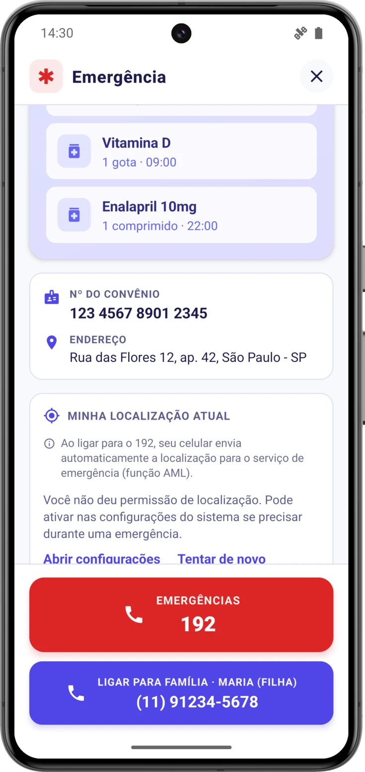 O cartão quando a permissão está negada, com «Abrir configurações» e «Tentar de novo»