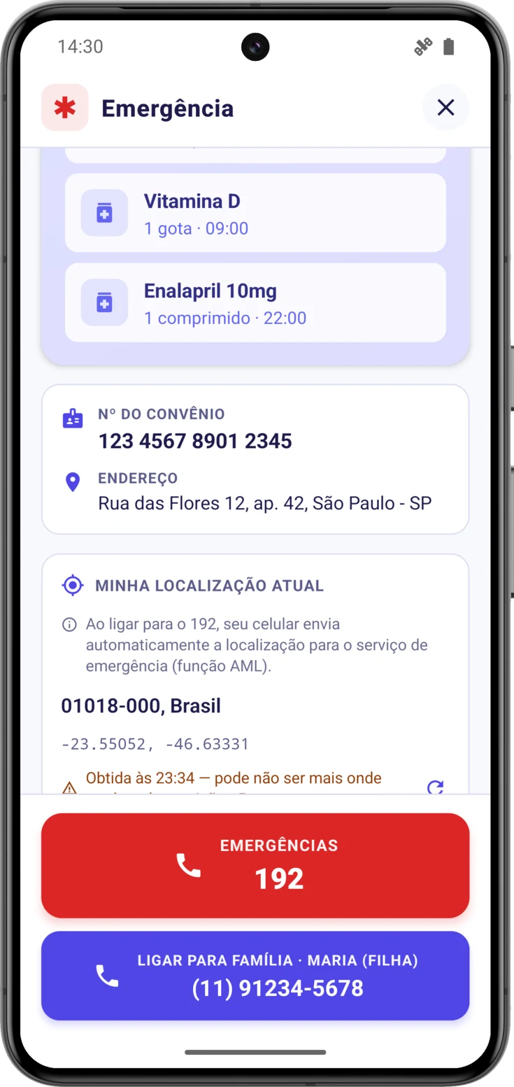 Linha de hora e precisão, com o aviso âmbar de localização desatualizada
