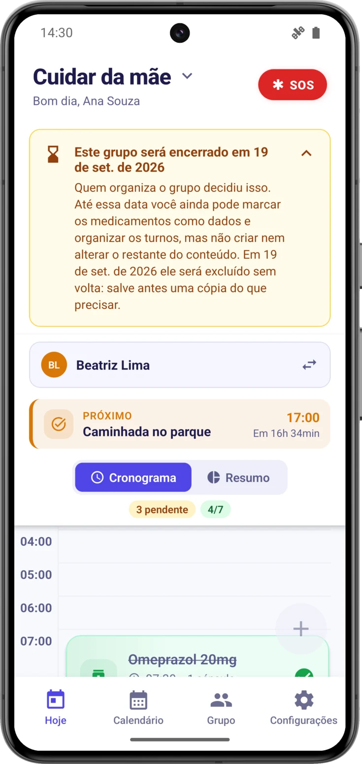 O mesmo aviso aberto, com o texto para quem não organiza o grupo e sem botão de cancelar