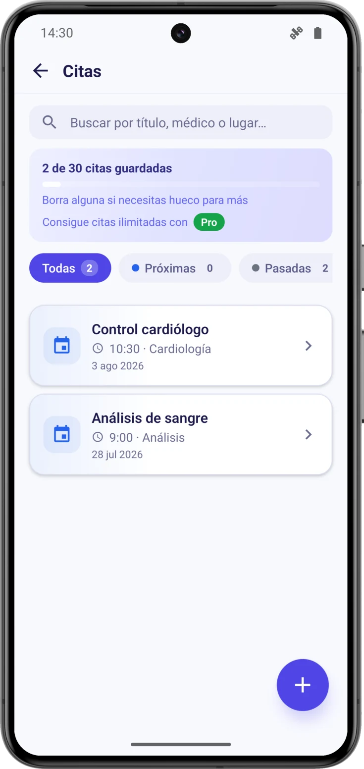 Lista de Citas, con «Próximas» en el segundo filtro