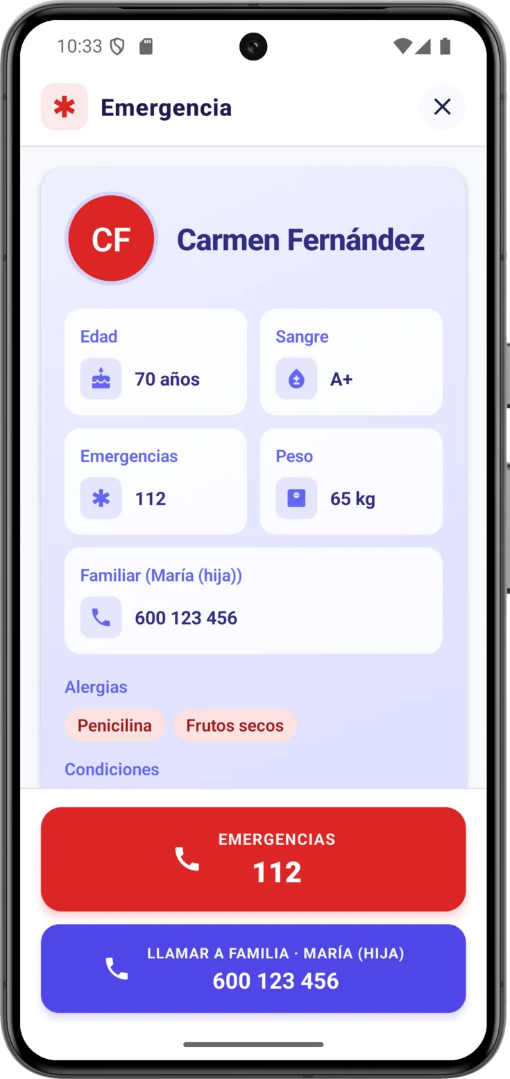 Ficha médica en la pantalla de emergencia