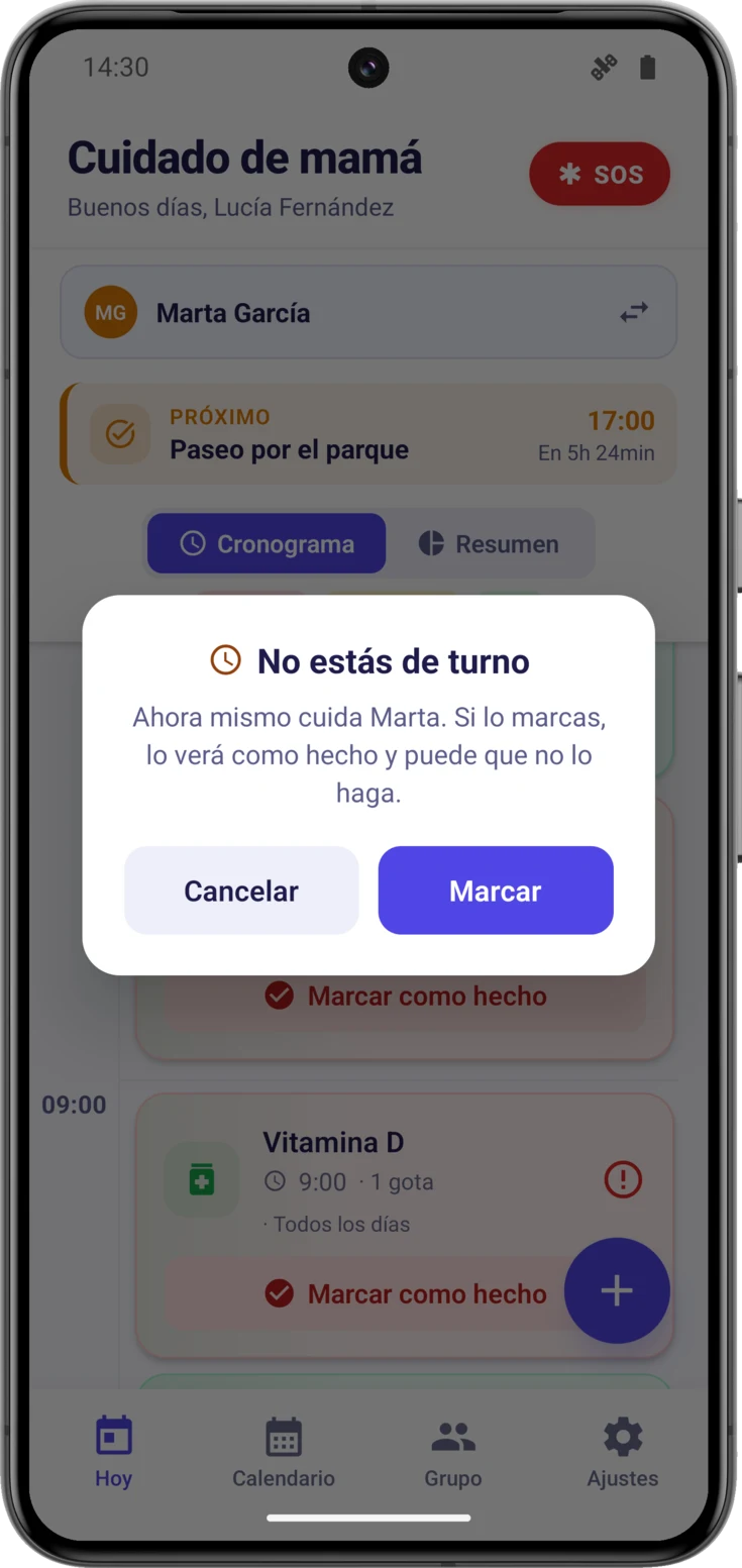 Diálogo «No estás de turno» al marcar una toma sin tener el turno