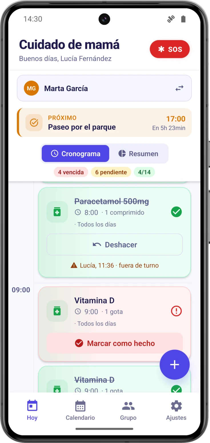 Tarjeta completada con la etiqueta ámbar, y el historial del grupo con las dos etiquetas