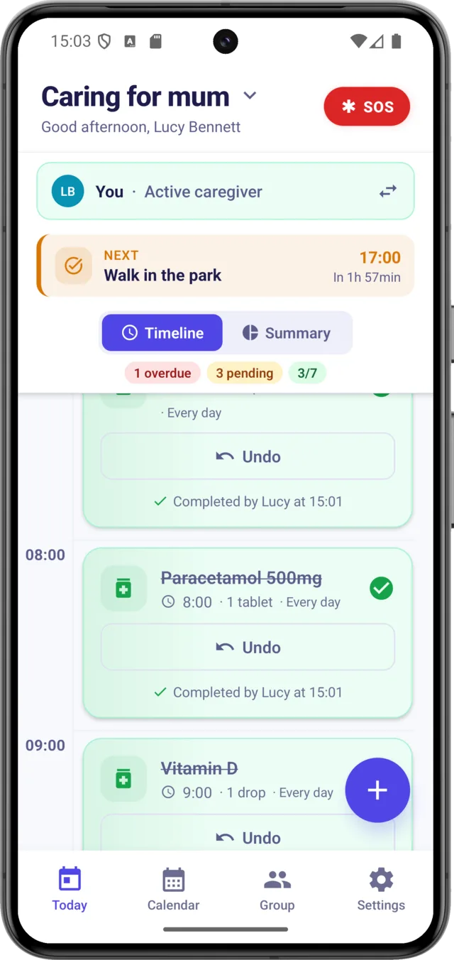 CarePilot app showing today's care shift