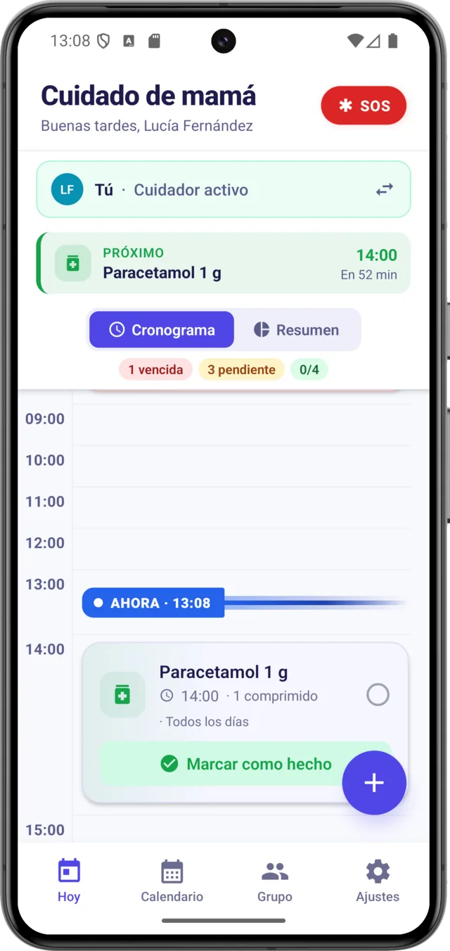 App CarePilot mostrando el turno de cuidado de hoy